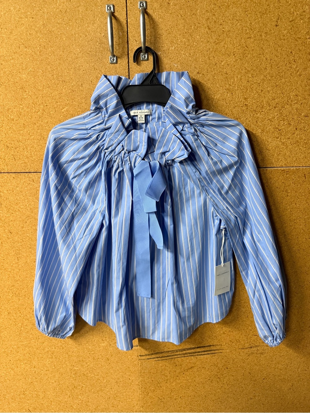 Free Assembly Women's Ruffle Tie Neck Cotton Top with Long Puff Sleeves